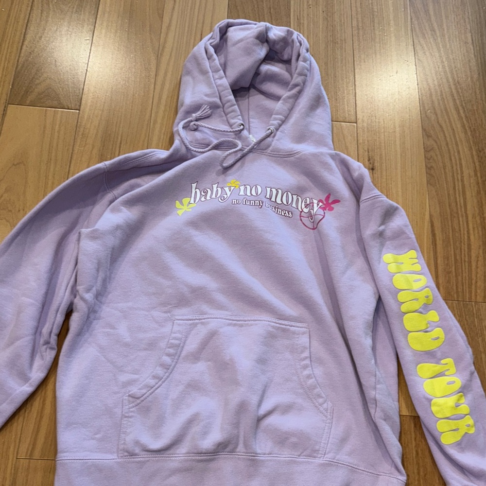Lilac 'Baby No Money' Graphic Hoodie with Yellow Sleeve Print